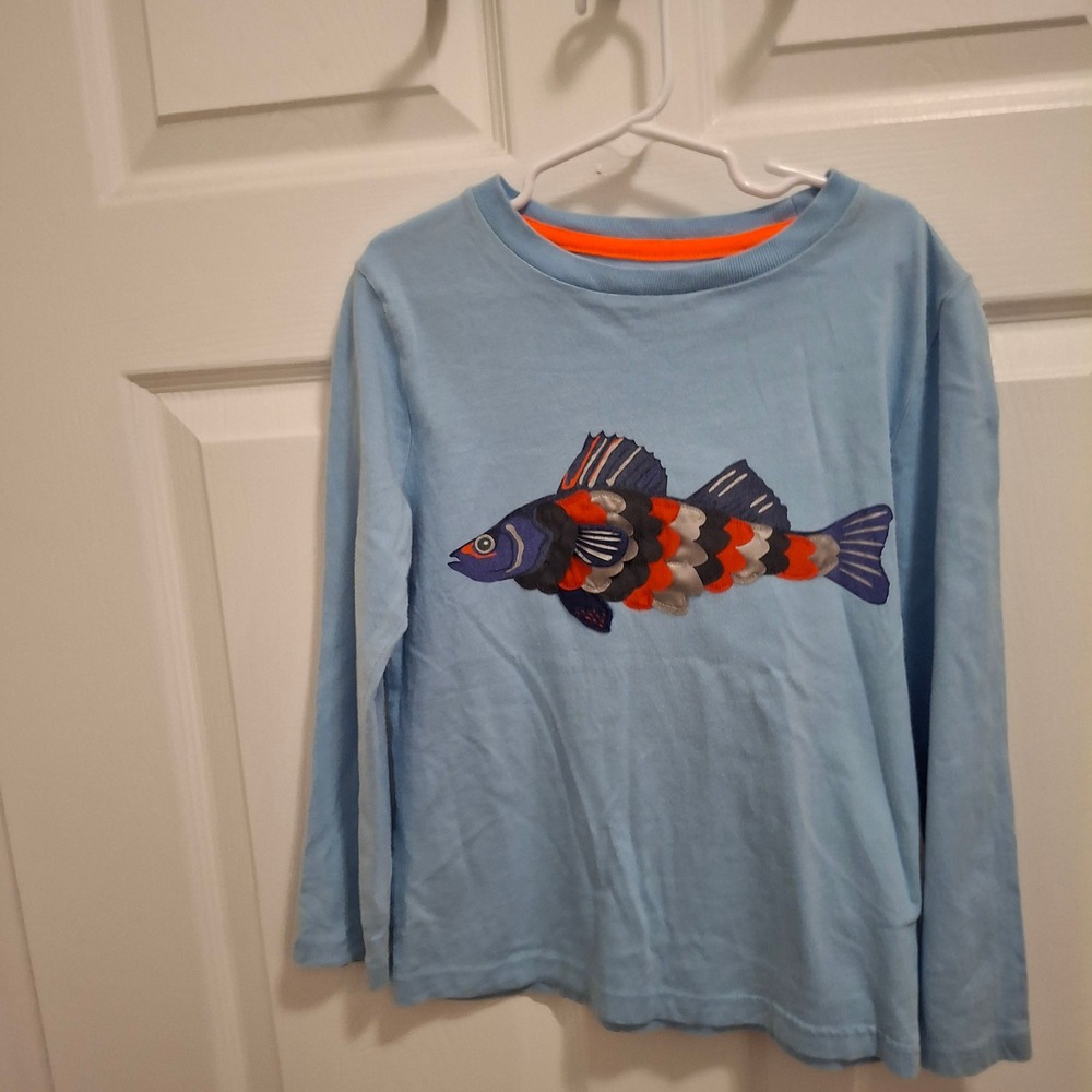 Kids Mini Boden Blue Fish‎ Applique Long Sleeve Shirt Size 6-7Y 122cm